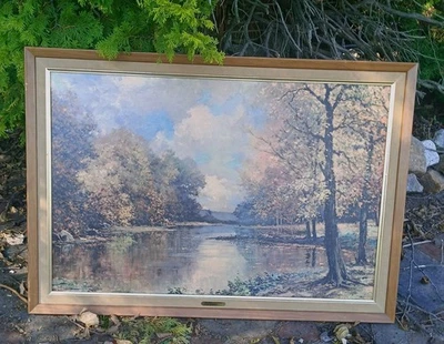 BY THE SAWKILL Oil Painting Print By Robert Wood 40x28 Antique Wood Frame VTG.fa - Image 1 of 4