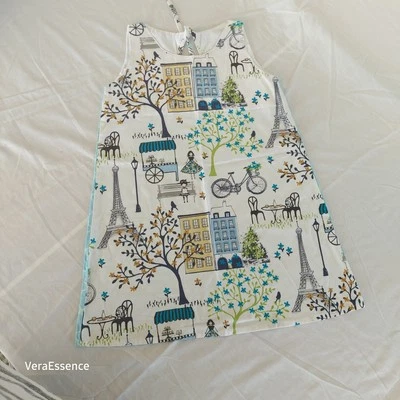 Vestido Bicicleta París Escena Divertida Niña Hecho a Mano Sin Marca Blanco Delantero Azul Trasero A Lin Foto 1 de 3