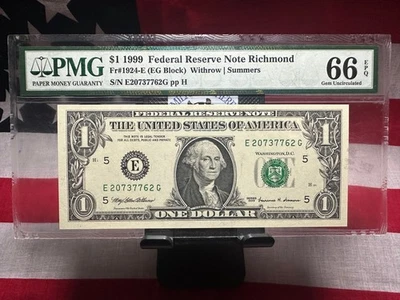 1999 $1 Federal Reserve Note - Richmond - PMG - 66 - Gem - Uncirculated - Image 1 of 2