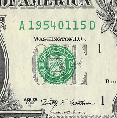 JAN 15 1954 Birthday Fancy Serial Number Date Note One Dollar Bill 01 15 1954 - Image 1 of 4