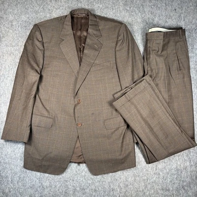 Traje Canali Para Hombre 58R Italia 48R EE. UU. Marrón Lana a Cuadros 2 Piezas Plisado Foto 1 de 4