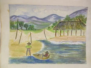1949's Original Art Mabel Vosper Watercolor on Paper Guanta Fisherman & Nets - Picture 1 of 3