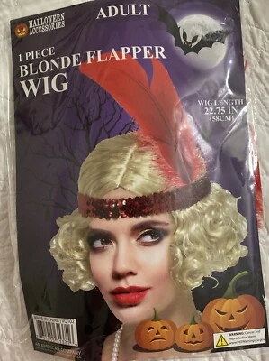 Peluca aleta rubia rizada para mujer adulta con diadema/pluma de lentejuelas rojas 1920 Jazz Foto 1 de 2