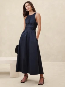Banana Republic Stretch-Cotton Poplin Maxi Dress Navy Blue Size 14 RT$220 NEW - Picture 1 of 9
