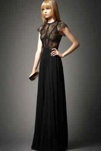 BCBG MAX AZRIA VESTIDO MAXI NEGRO PLISADO ENCAJE ILUSIÓN MANGA GORRA 6/8 - Imagen 1 de 16