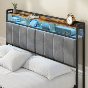 Queen Storage Headboard Upholstered with LED Light Charging Station - Picture 1 of 10