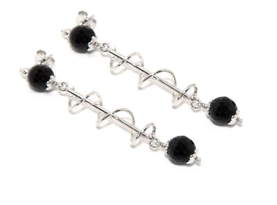 Orecchini donna in Argento 925 con ciondolo spirale e perle agata nera 6,5 cm - Immagine 1 di 4