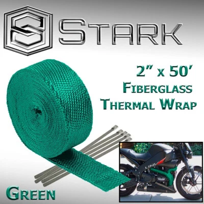 (2-Pack) 2"x50ft Exhaust Fiberglass Heat Wrap Tape w/ 5 Steel Ties - Green (O) - Image 1 of 4