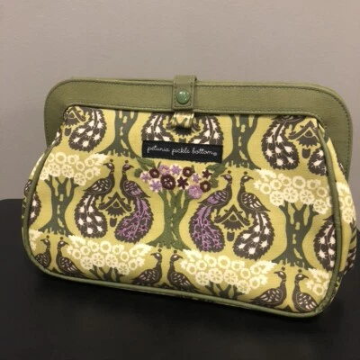 Petunia Pickle Bottom Green/Purple Peacock Design Diaper Bag Tote (E1586) - Image 1 of 4
