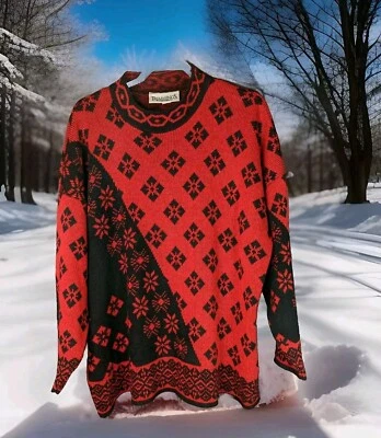 Suéter Vintage Navidad Rojo Negro Brillante Copo de Nieve Pullover 20W Túnica EE. UU. Foto 1 de 4