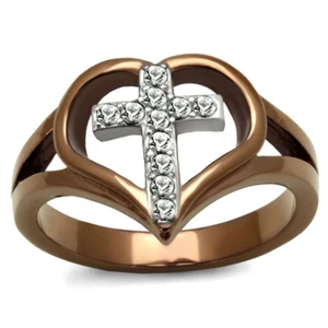 Christian Cross Heart Two Tone Coffee Womens Stainless Steel Eternity Ring - Picture 1 of 4