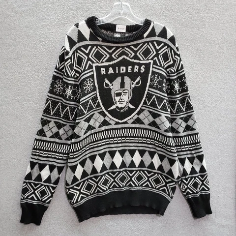 Oakland Raiders Men Sweater 2XL Black White Geometric Logo Graphic Knit Argyle Cover