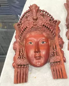 Hand Carved Asian Empress Wood Mask W/ Glass Eyes Wall Hanging Home Decor - Picture 1 of 9