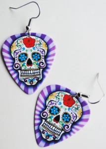 Sugar Skull guitar pick earrings! Day of the Dead Dia de los Muertos Halloween - Picture 1 of 1