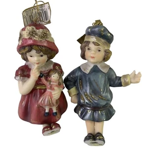 Midwest Of Cannon Falls VTG Porcelain Christmas Ornaments Girl Boy Dangling Legs - Picture 1 of 9