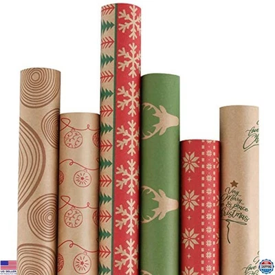 RUSPEPA Christmas Wrapping Paper Set - Rustic Brown Kraft, Red & Green, 6 Rolls - Image 1 of 4