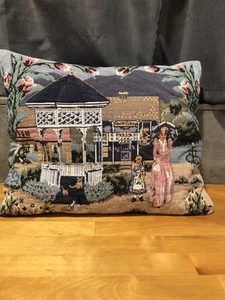 Victorian Needlepoint/Tapestry Throw Pillow Wo/Girl Roses Gazebo CATS Quilt Shop - Picture 1 of 9