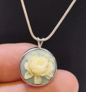 VTG Trifari Celluloid Blue Rose Pendant W 925 Sterling Silver Italy KC 18" Chain - Picture 1 of 8