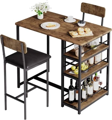 3 Piece Bar Table Set 2 PU Leather Stools Storage Shelf High Dining Rustic Brown - Image 1 of 4
