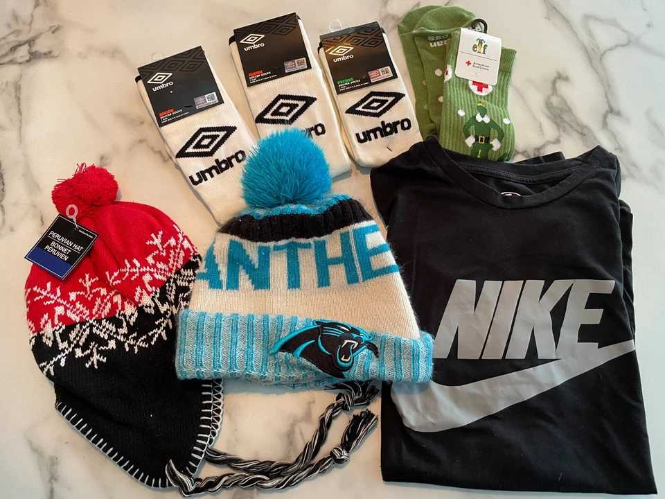 LOG LOT Umbro Soccer Socks Shoe Size 3-9 Winter Panthers Hat Nike Shirt Elf