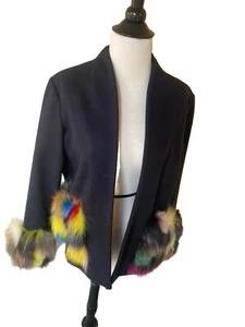 Harvey Faircloth Navy Wool Coat Sz 6 Dyed Fur Trim Open Front Winter Jacket - Picture 1 of 8