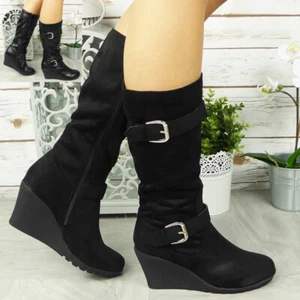 Mid Calf Wedge Boots Shoes Platform High Heel Buckle Zip Ladies Womens Boot Size - Picture 1 of 14