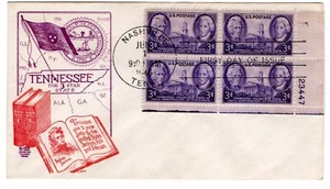 #941 Tennessee Statehood 1946 FDC - Bi-Color Craft Plate Block/4 - Picture 1 of 2