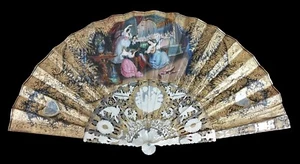OLD LADY'S FAN. CARVED MOTHER OF PEARL. HAND PAINTED PAPER. SPAIN. XIX CENTURY - Picture 1 of 1