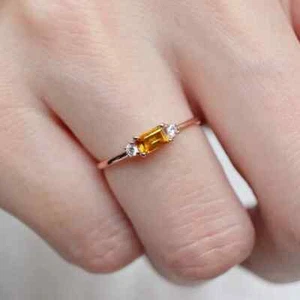 14K Rose Gold Plated Silver Baguette Cut Natural Citrine Dainty Engagement Ring - Picture 1 of 6