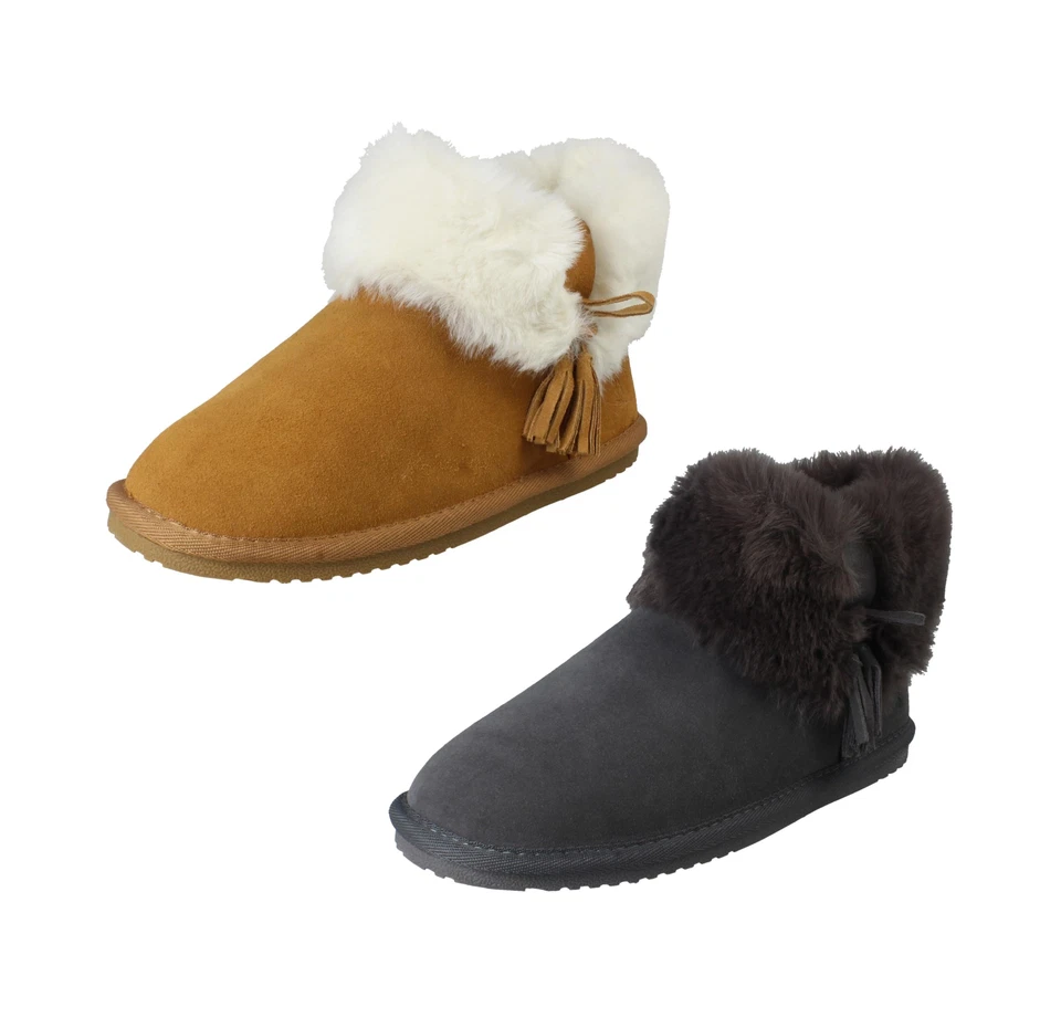 LADIES HUSH PUPPIES AYANA BOOTIE LEATHER ANKLE FUR LINED SLIPPERS - Image 1 of 1