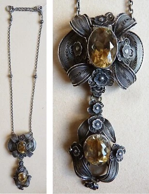 Collier  argent massif filigrane citrine bijou ancien vers 1900 silver necklace - Photo 1/2