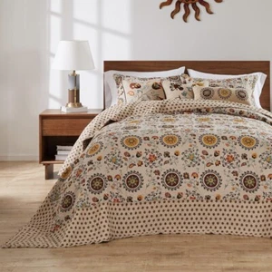 NEW Anthropologie Multicolor Retro Boho Queen Quilt Bedspread Bedding Sham Set - Picture 1 of 13