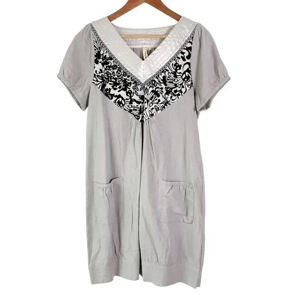 Tsumori Chisato Gray V-Neck Linen Pullover Dress Size Large Pockets Beachy Boho — 第 1/4 张图片