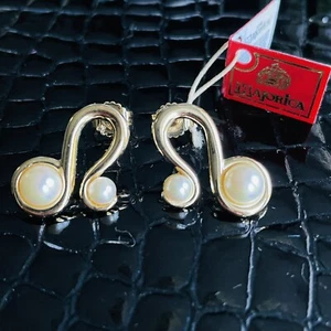 Vintage Majorica Pearl 18k Gold Plated Sterling Silver Swirl Earrings - Picture 1 of 7