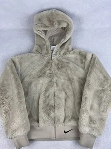 Nike Sportswear Essentials Hoodie Jacket Faux Fur Sz XS Tan - Picture 1 of 11