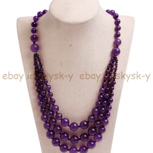 3 Rows Natural Purple Amethyst 4-12mm Round Gems Beads Layered Necklace 18-20'' - Picture 1 of 6