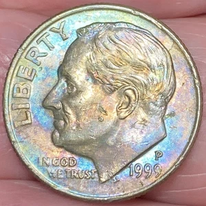 1999-P Roosevelt Dime Beautiful Lustrous Rainbow Toned Coin #6 - Picture 1 of 12