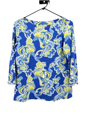 Top de mujer J. McLaughlin talla mediana tela Catalina manga 3/4 azul amarillo cachemira Foto 1 de 4