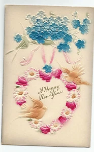 Doves Heart Wreath Flowers Happy New Year Vintage Postcard - Picture 1 of 2
