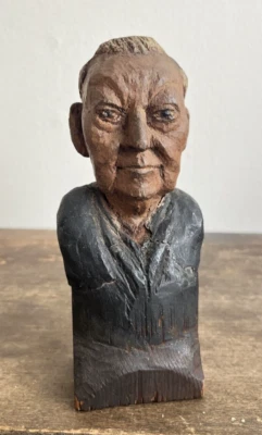 Antique Folk Art Carved Wood Bust 1933 Self Portrait Outsider Art Carving Signed - Image 1 of 4