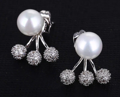 Luxus Muschelkern Perlen Ohrringe Perlen Zirkonia Silber 18K Weißgold vergoldet - Bild 1 von 4