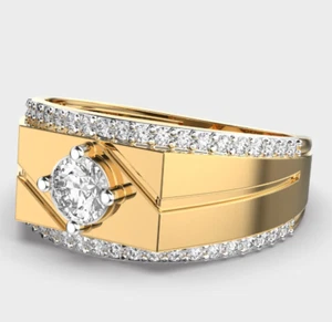 Anillo de compromiso de moissanaita de corte redondo de 4 quilates VVS1/D enchapado en oro amarillo de 14 quilates para hombre - Imagen 1 de 9