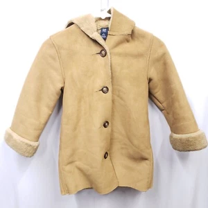 Vintage Y2K Gap Kids Long Tan Sherpa Faux Suede Hood Winter Coat Size S 5/6 - Picture 1 of 12