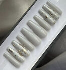  PERSONNALISÉ Gel Press sur faux ongles, flocons OR gris clair pur, 10p W KIT COMPLET