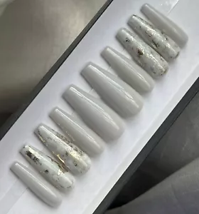 🔥CUSTOM Gel Press On False Nails, Sheer Light Grey GOLD flakes, 10p W FULL KIT - Picture 1 of 9