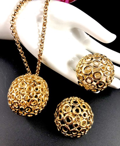 GIVENCHY CATENA TONO ORO COLLANA MOD DISCO ROTONDO SFERA CIONDOLO CLIP ORECCHINI SET