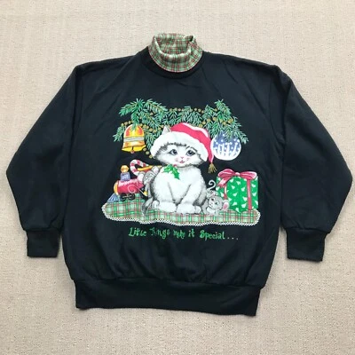 Vintage Christmas Sweater Womens Medium Black Turtleneck Kitten Cat Presents 90s - Image 1 of 4