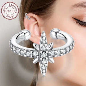 KUNSIR 925 Sterling Silver Shiny Sparkling Pave Cubic Zirconia Ear Cuff Earrings - Picture 1 of 6