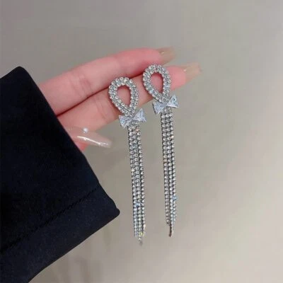 Moda Lazo Cristal Borla Larga Pendientes Colgantes Gota Mujeres Joyería Regalo Foto 1 de 4