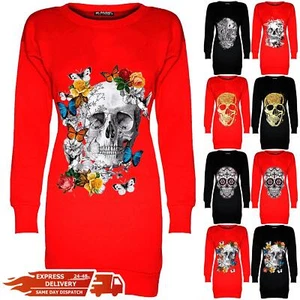 Womens Ladies Flowers Fleece Long Butterfly Skull Sweatshirt Tunic Mini Dress - Picture 1 of 22